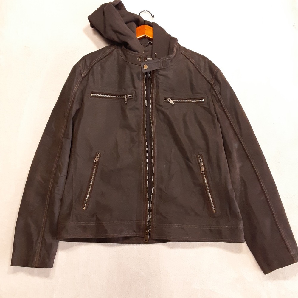 Wilson's Leather Mens Brown Racer Jacket XL Detachable Hoodie Full Zip Snap Tab